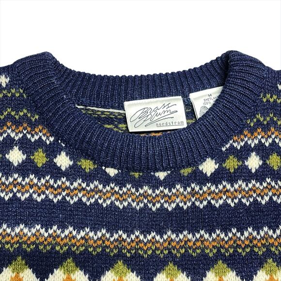 BRASS PLUM NORDSTROM Vintage 80s/90s Shetland Wool Nordic Crewneck Sweater Sz M - Picture 2 of 8